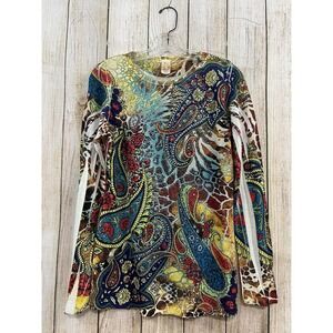 Vtg Y2K Women Mixed Print Top XL Slim Rhinestones Fairy Grunge Festival Boho 90s